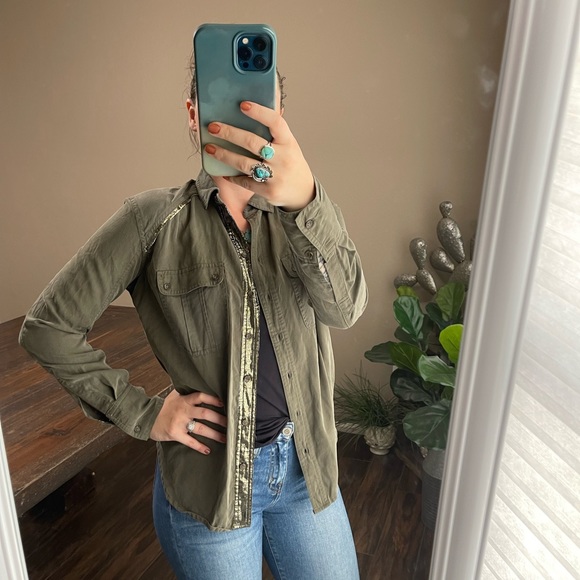 Free People Off Campus button down Moss metallic gold Olive Green Blouse XS - Picture 2 of 11